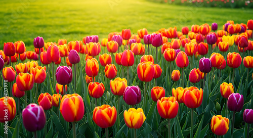 Vibrant Spring Tulips in a Lush Green Field