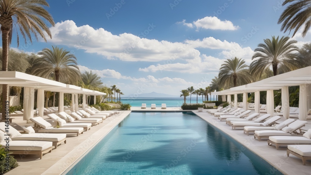 Fototapeta premium Elegant Poolside Resort with Tropical Vibes and Lounge Area
