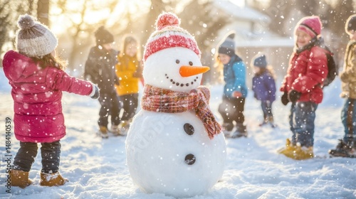 Joyful Winter Scene: Children Playing Around a Snowman in a Snowy Park