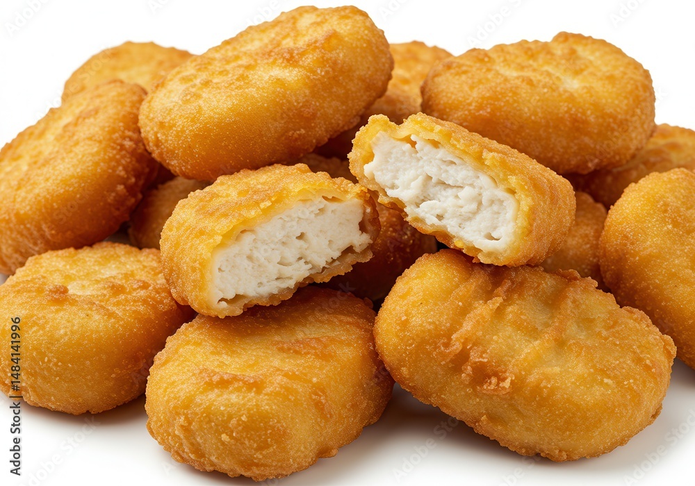 Pile of golden brown chicken nuggets with one cut in half to show the inside Pile of golden brown chicken nuggets with one cut in half to show the inside