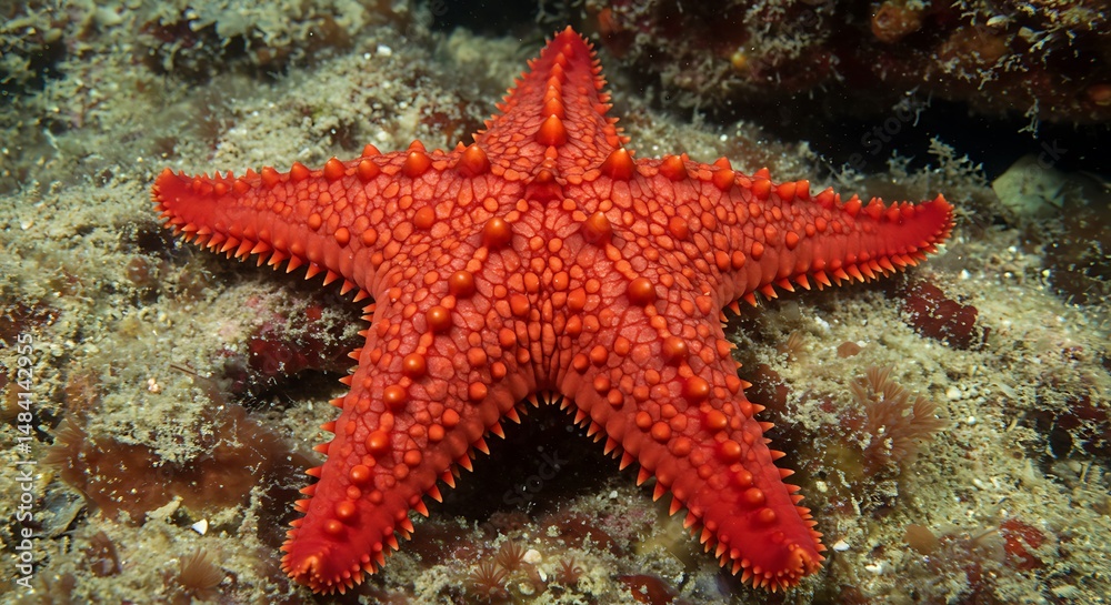 Fototapeta premium Vibrant Red Starfish Ocean Floor Habitat Underwater Starfish Stunning Ocean Life Crimson Starfish Coral Reef Beauty Ocean Starfish Detailed Underwater Shot Red Starfish Close Up Marine Life