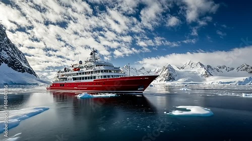 A vibrant red ship navigating through icy waters surrounded by majestic snow-capped mountains