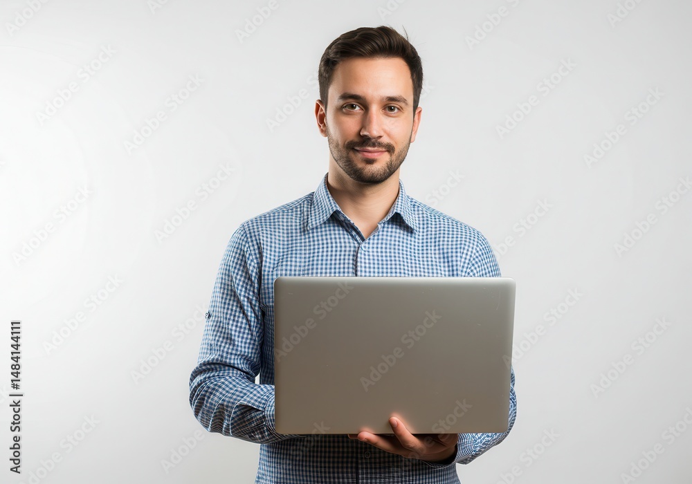 Smiling man holding a laptop in front of him against a white background Smiling man holding a laptop in front of him against a white background