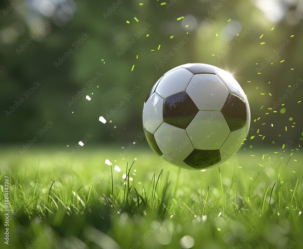 Naklejka premium Soccer ball in mid-air, vibrant green background.
