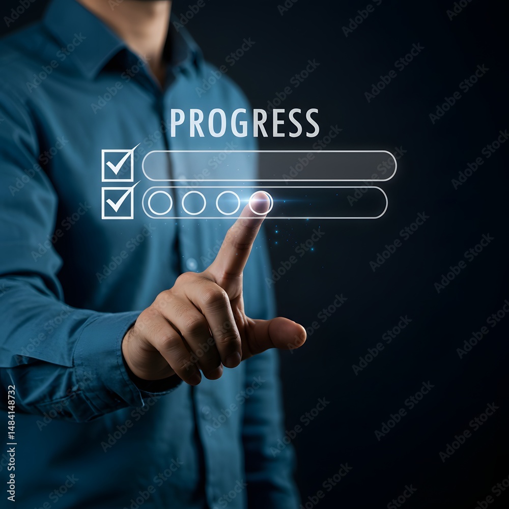 Businessman Using Digital Interface Showing Progress and Checklist Businessman Using Digital Interface Showing Progress and Checklist