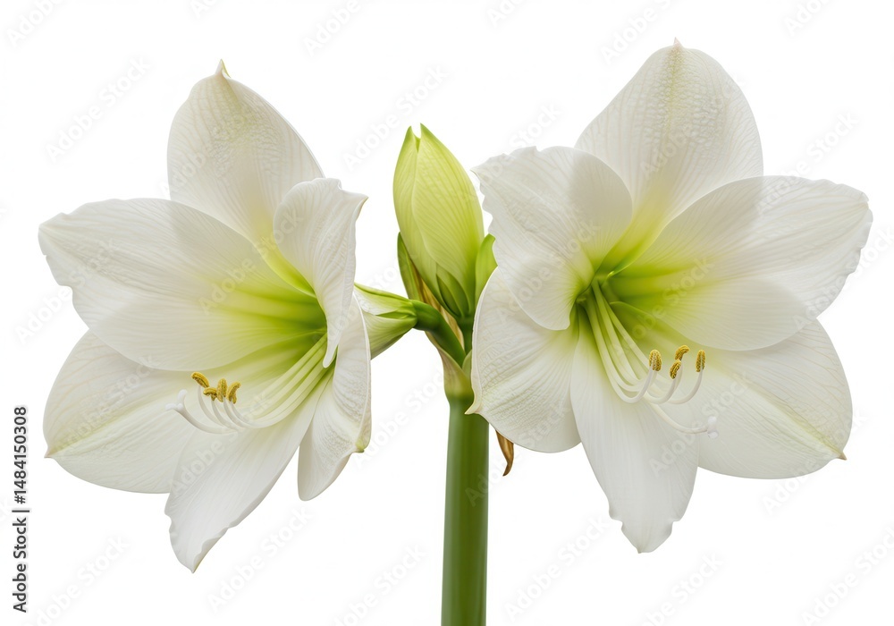 Fototapeta premium Two white amaryllis flowers and a bud on a stem against a white background