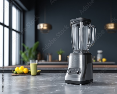 Sleek blender sits on a kitchen counter next to fresh fruit, ready to make a healthy smoothie.