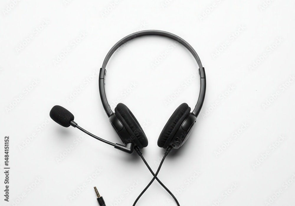 Black headset with microphone on a white surface for communication or support Black headset with microphone on a white surface for communication or support