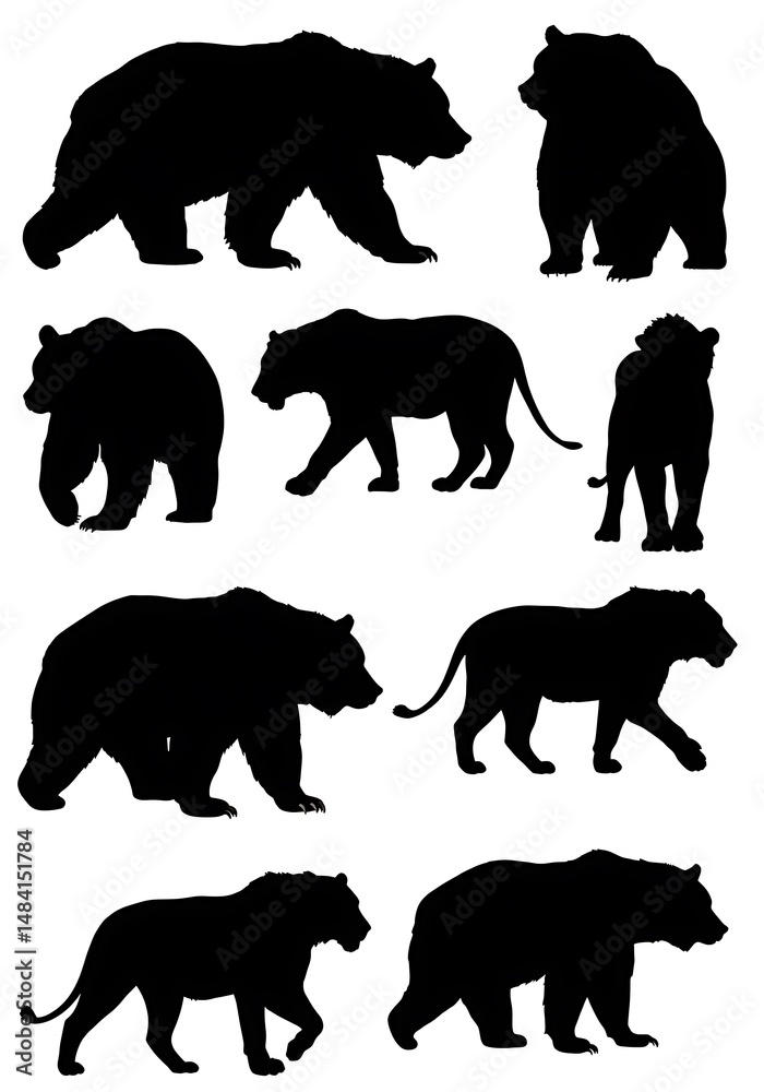 Naklejka premium Majestic Bear & Lion Silhouettes: Elegant Black Wildlife Art