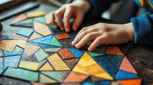 Child Playing with Colorful Tangram Puzzle