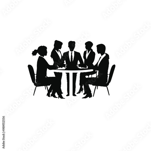 Business Team Meeting Silhouette, Professional Collaboration Around Round Table, Corporate Decision-Making and Brainstorming, Minimalist Design