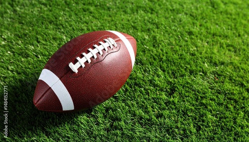 American football resting on vibrant green turf, showcasing athletic equipment