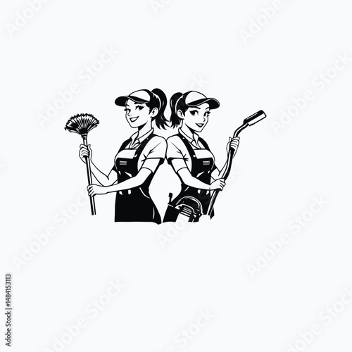 Dual Cleaning and Maintenance Workers, Feather Duster and Paint Roller in Hand, Teamwork Concept, Minimalist Black and White Illustration