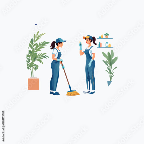 Cleaning Crew with Mop and Spray Bottle, Professional Hygiene Workers in Uniform, Organized Space Maintenance, Minimalist Black and White Art