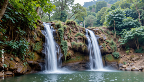 Serene waterfall cascades down rocky cliffs, surrounded by lush greenery and trees, creating tranquil atmosphere. water flows gently into calm pool, inviting relaxation and reflection