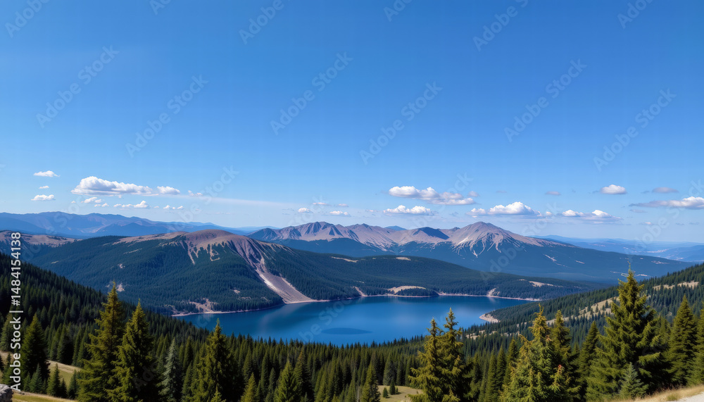 Obraz premium Breathtaking panoramic view of serene lake surrounded by majestic mountains and lush green forests under clear blue sky, evoking sense of tranquility and natural beauty