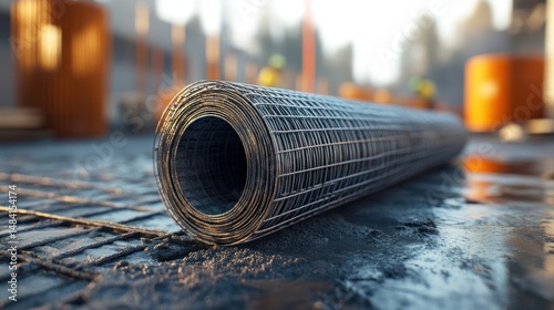 Rolled steel reinforcing mesh on construction site