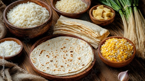 a table full of traditional starchy dishes from different cultures: naan, sushi rice, corn tortillas, and gnocchi, multicultural theme, warm indoor lighting,