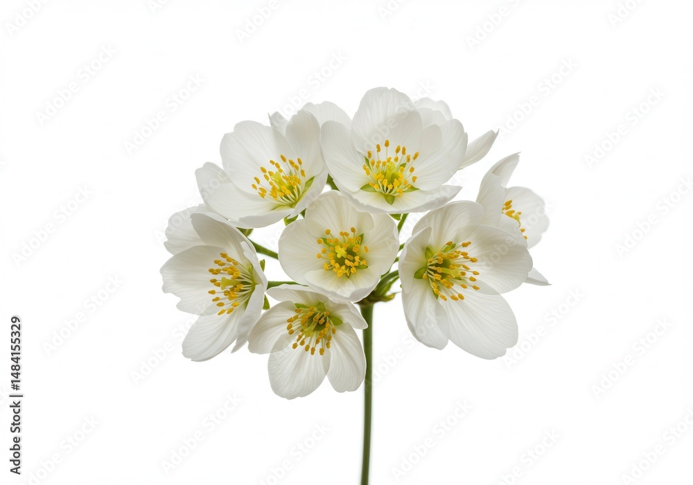 Obraz premium Mock orange blossom cluster with white petals and yellow stamens on white background
