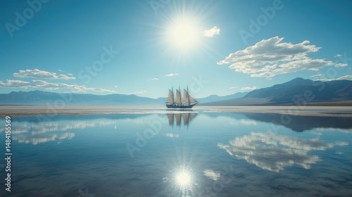 Serene Sailboat on a Calm Salt Flat Lake Under a Bright Sun