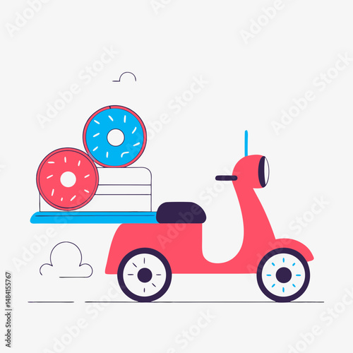 Delivery action scooter with donuts urban setting digital illustration vibrant colors