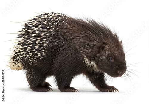 Walking porcupine with quills on a white background in studio shot