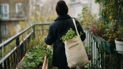 Woman carrying a tote bag with herbs while walking on a balcony garden in a city during springtime
