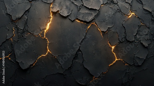 Cracked dark rock surface reveals bright orange crevices