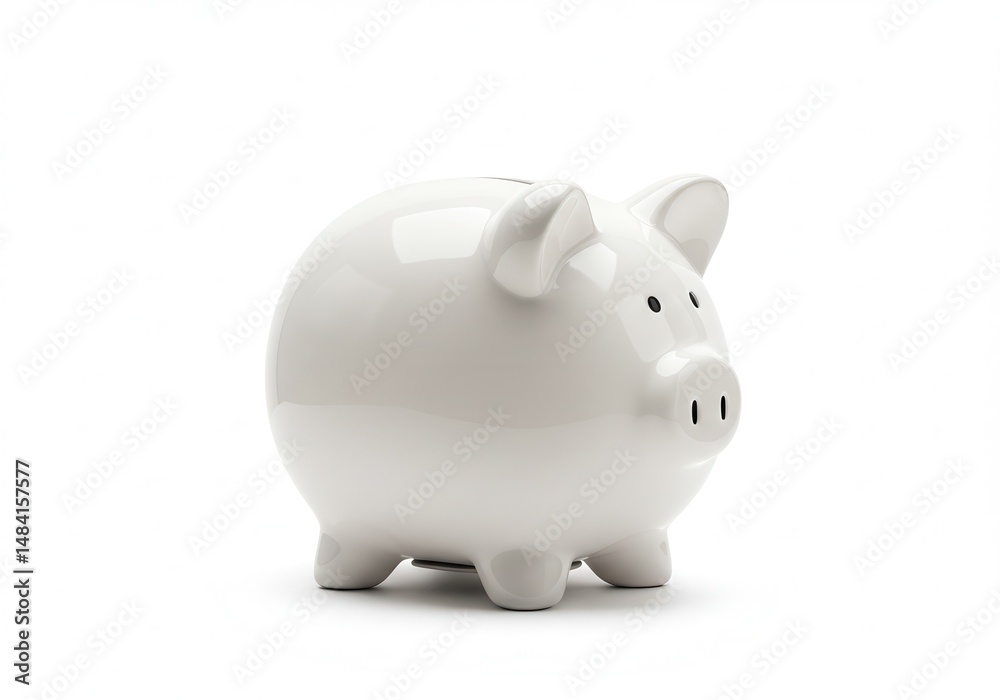 White piggy bank on a white background representing savings and financial planning White piggy bank on a white background representing savings and financial planning
