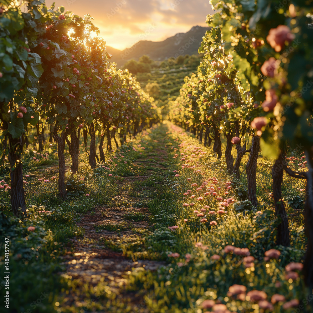 Fototapeta premium Sunset over a vineyard.