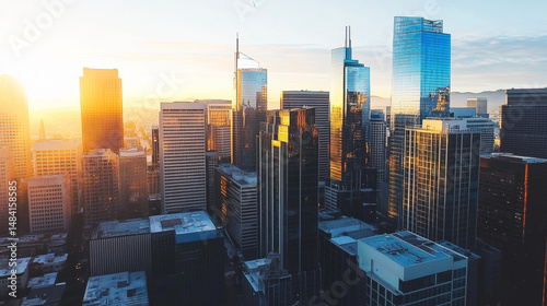 City skyline sunrise, golden morning light over skyscrapers, sunset landscape