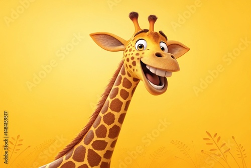 Smiling cartoon giraffe against a bright yellow backdrop - generated by ai