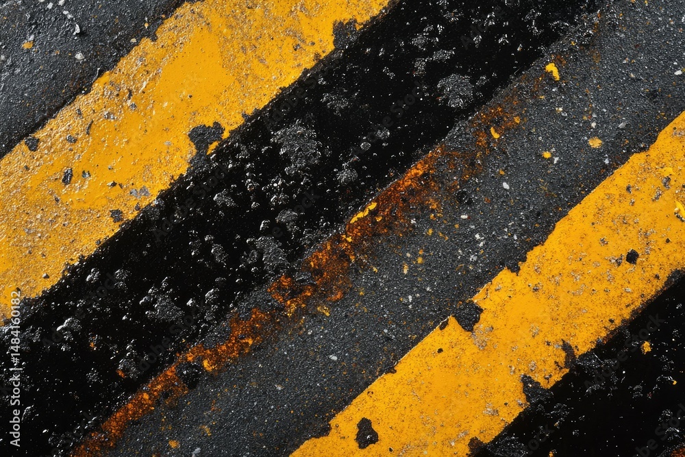 Naklejka premium Diagonal stripes of worn yellow and black paint on a textured surface