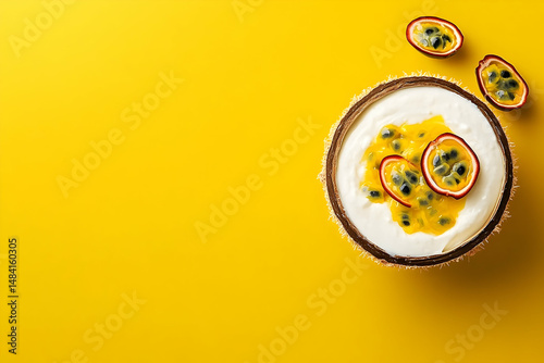 Fresh passion fruit yogurt dessert in a coconut bowl.