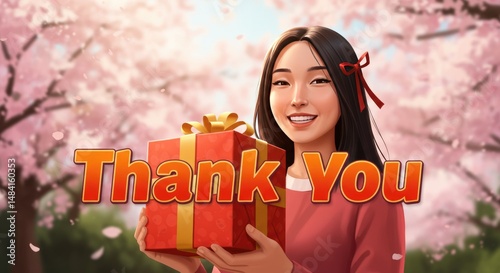Young woman smiling while holding gift box in front of cherry blossoms - Concept of Thank you  