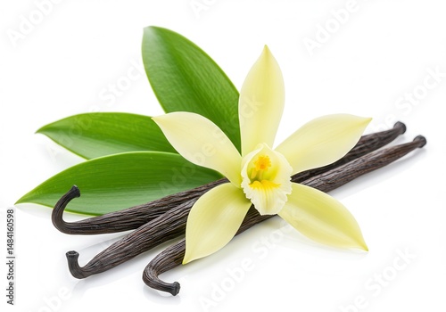 Vanilla flower and pods with green leaves on a white background