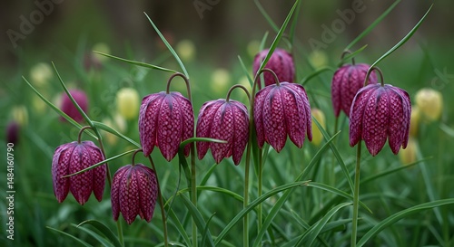 Dew-Kissed Snakeshead Fritillaries: Spring's Purple Embrace photo