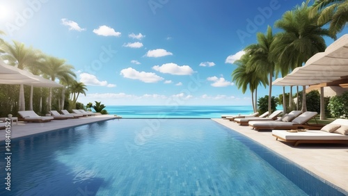 Luxury Tropical Beach Paradise with Palm Trees and Oceanfront Pool View photo