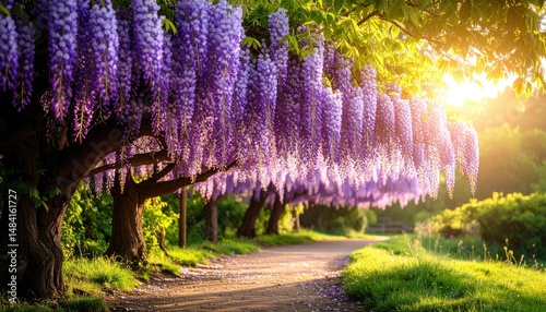 Enchanting Wisteria Canopy Over a Sun-Kissed Pathway in a Dreamy Garden Setting
