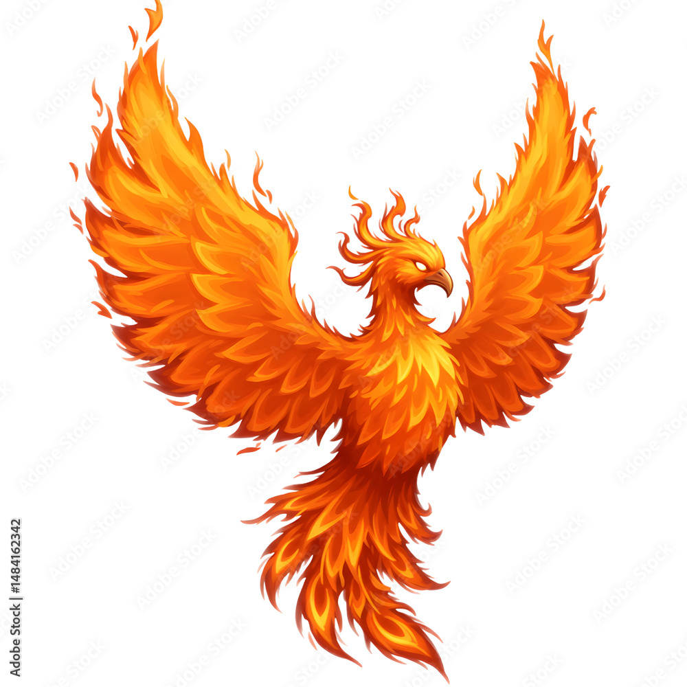 Fototapeta premium A vibrant phoenix with blazing feathers spreads its wings in this stunning illustration, ideal for fantasy art, game design, and creative projects.