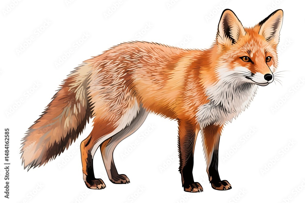 Fototapeta premium Beautiful fox drawing with reddish-orange fur and poised stance, suitable for wildlife calendars, printed cards, illustrated guides, and elegant animal graphics in modern design collections.