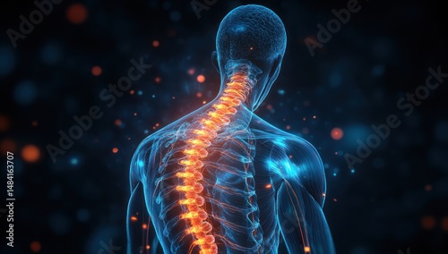 human anatomical structure showcasing the spinal column and nervous system with glowing highlighted vertebrae