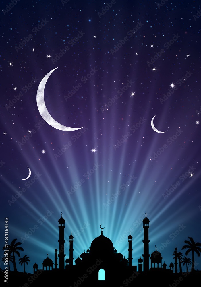 Fototapeta premium Majestic Night Scene Mosque Silhouette Under Starlit Sky, Crescent Moons, and Radiant Light Beams