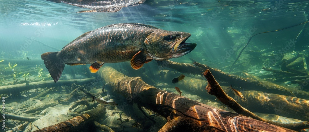 Fototapeta premium Giant arapaima with prehistoric scales near the surface swims over submerged logs in clear amazon waters sunbeams penetrate smaller fish below.