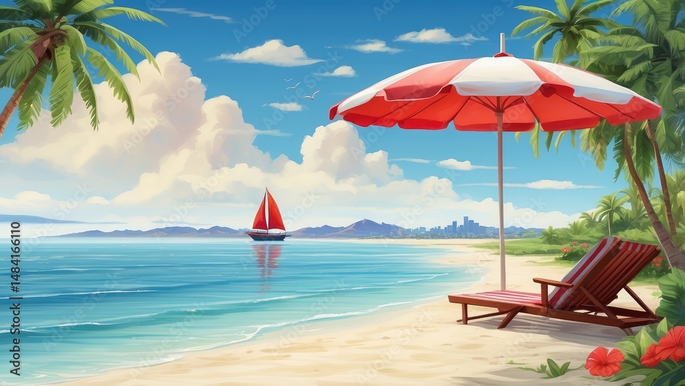 Obraz premium Tropical Beach Scene Vector – Palm Tree, Umbrella, Chair, and Sailboat Illustration