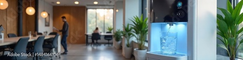 A modern office water cooler dispenses chilled and room temperature water, promoting hydration and workplace wellness Its sleek design fits seamlessly into contemporary workspaces , cool, white
