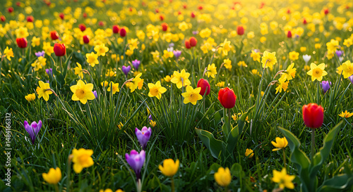 Spring Meadow: Yellow and Red Flowers in Sunlight