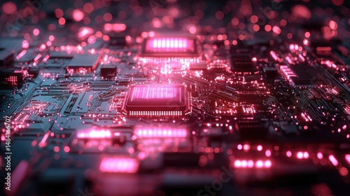 Close-up of a Circuit Board with Glowing Pink Components