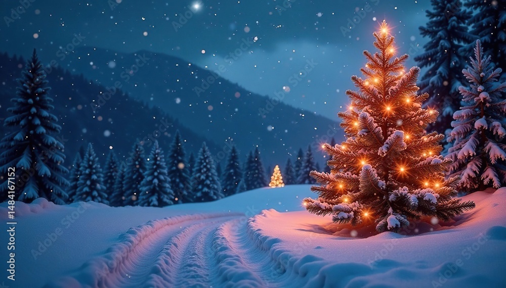 Fototapeta premium Magical snowfall on a Christmas Eve night Perfect winter wonderland scene , dark, blurry