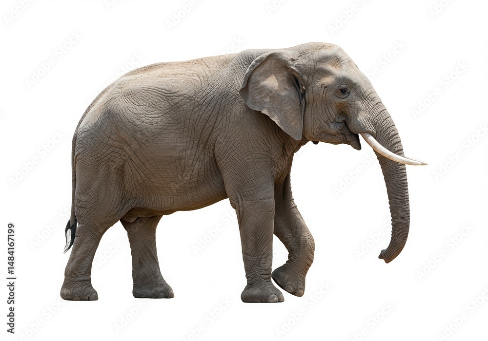 Fototapeta premium African elephant walking with trunk down on a white background, full body shot
